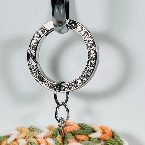 Peach Crochet Flower Bag Charm W/Silver Bling Ring - Picture 2 of 5